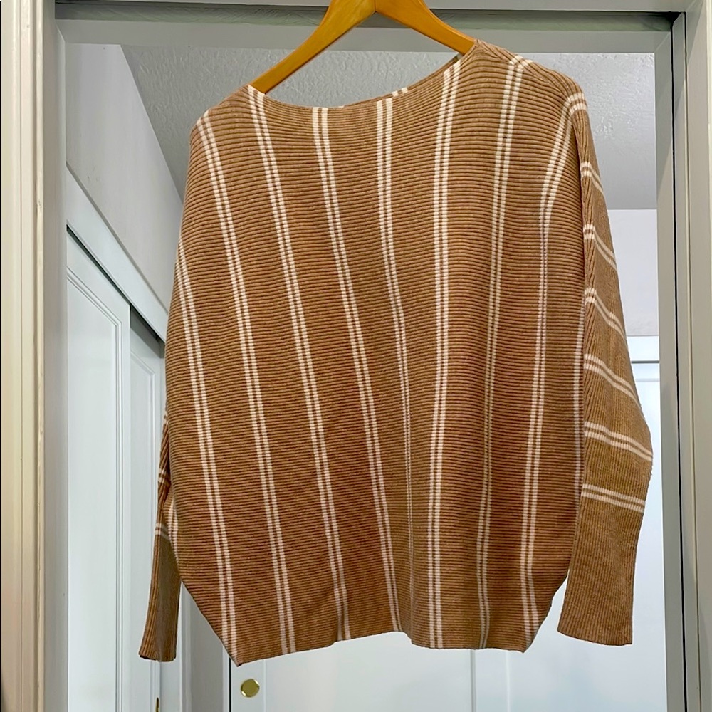 Striped Tan Off-the-Shoulder Sweater